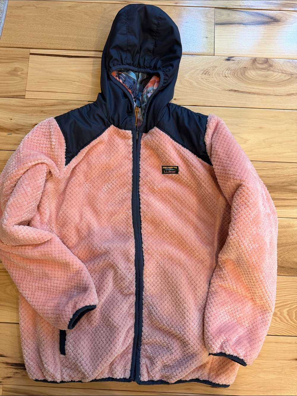 L.L. Bean Pink and Black Hooded Kids Puffer-Style Fleece Jacket